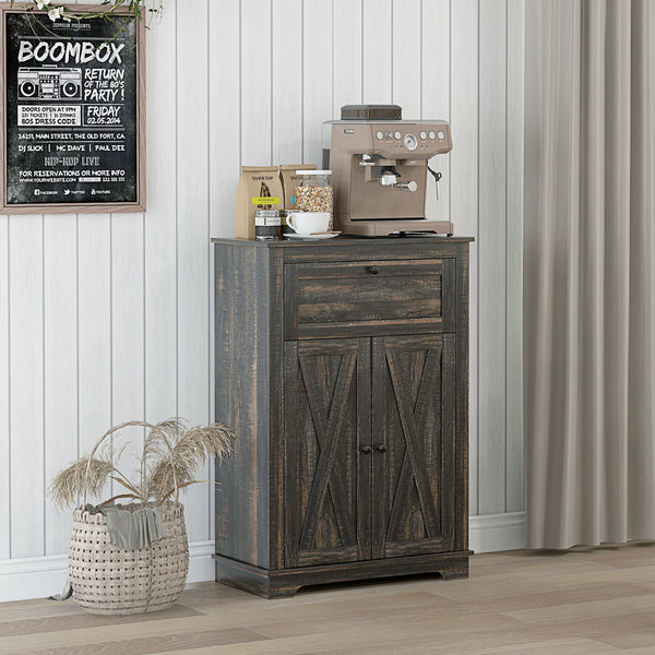 English Elm HOMCOM Rustic Farmhouse Sideboard Buffet Cabinet with Barn Doors, Drawer & Adjustable Shelves for Entryway Brown W2225P229128