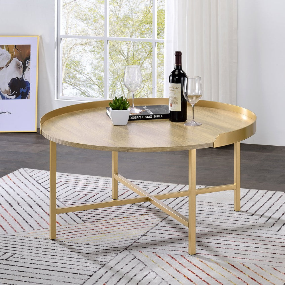 English Elm Oak Coffee Table With Elegant Gold Accents, Round Tray Top, Modern Design For Living Spaces B062P181359