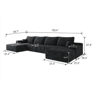 English Elm 135" Cloud Sectional Sofa With Ottoman, Modern Black Corduroy U-Shaped Couch For Ultimate Comfort W2824S00030