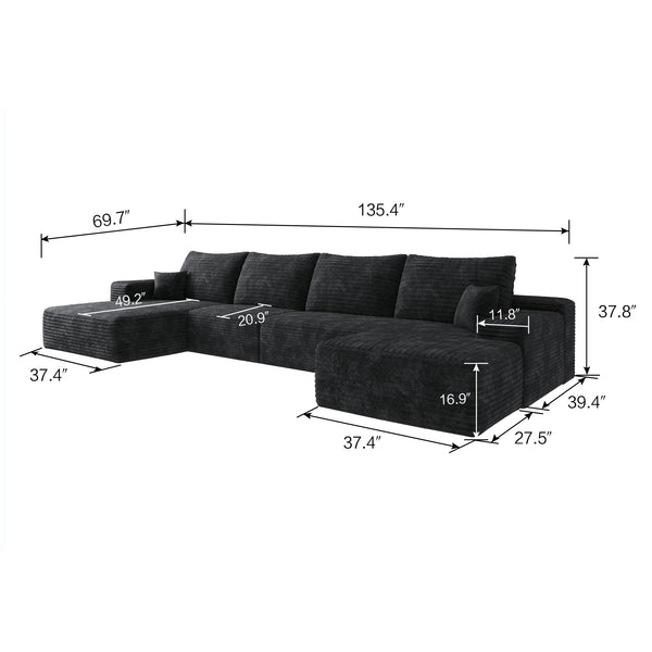 English Elm 135" Cloud Sectional Sofa With Ottoman, Modern Black Corduroy U-Shaped Couch For Ultimate Comfort W2824S00030