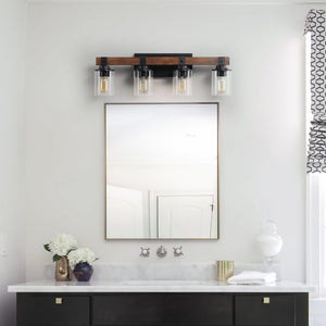 English Elm 27" Rustic 4-Light Vanity Light with Clear Glass Shades and Wood Accent, Industrial Farmhouse Glow W2312P374783