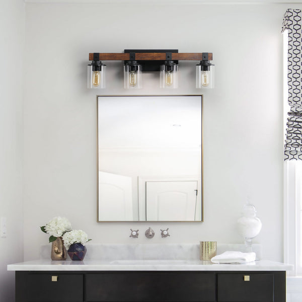 English Elm 27" Rustic 4-Light Vanity Light with Clear Glass Shades and Wood Accent, Industrial Farmhouse Glow W2312P374783