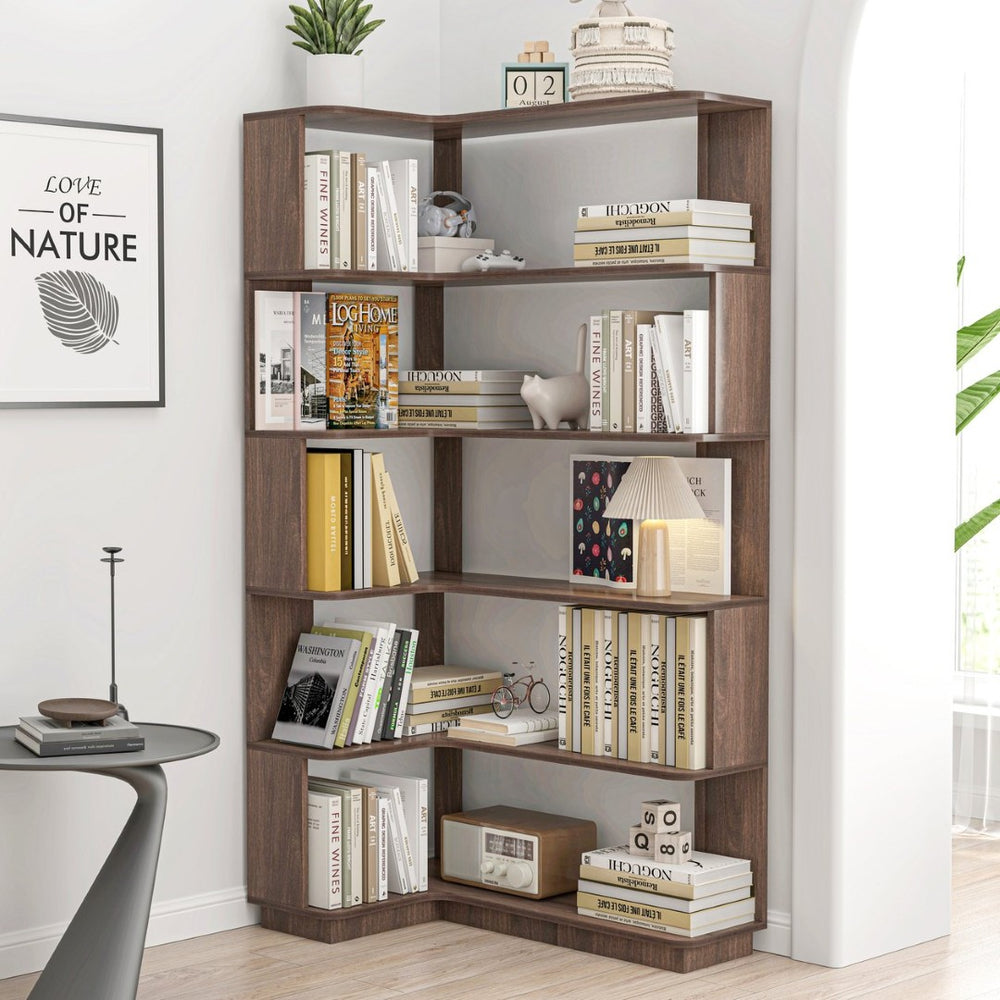 English Elm 90cm Five Tier L Shaped Corner Bookcase Open Wood Shelving for Home Office or Living Room W2899P444159