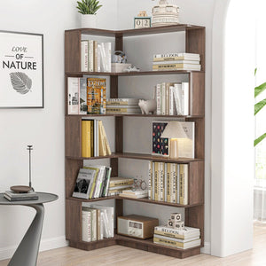 English Elm 90cm Five Tier L Shaped Corner Bookcase Open Wood Shelving for Home Office or Living Room W2899P444159