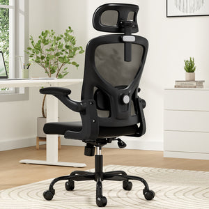 English Elm Ergonomic Office chair with adjustable headrest and lumbar support, breathable mesh, space-saving design Black T3623P368574