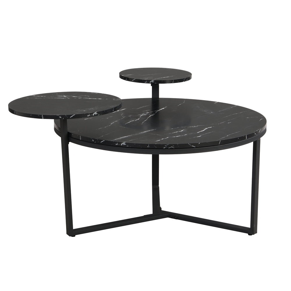 English Elm Modern round coffee table with black faux marble top, tripod metal base and two display shelves, sleek storage flair N735P177472B