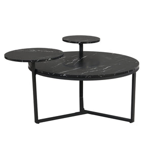 English Elm Modern round coffee table with black faux marble top, tripod metal base and two display shelves, sleek storage flair N735P177472B