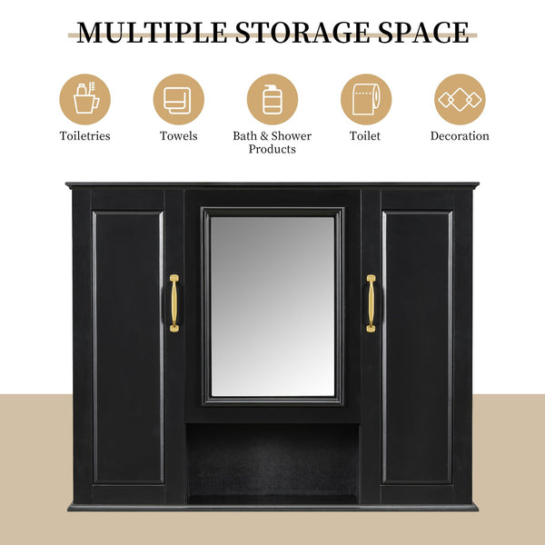 English Elm 36'' Mirror Cabinet with 3 Doors — Wall-Mounted Bathroom Storage Unit, MDF & Pine, Spacious Shelves Black N725P346902B