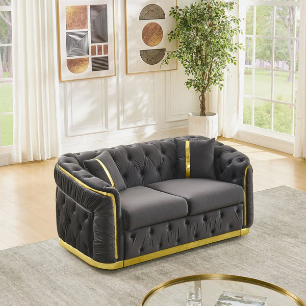 English Elm 62.6 Inch Chesterfield Velvet Loveseat with Gold Steel Trim Button Tufted Luxury Seating Gray W1191S00091