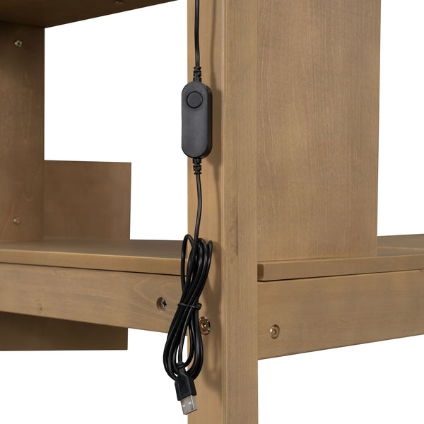 English Elm Wood Twin Loft Bed with Built-In L-Desk, LED Lighting, Staircase Storage, Shelves & Cabinets Walnut N7090000470D