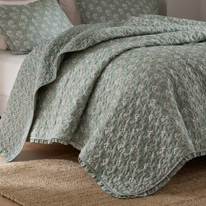 English Elm 3-piece King Quilt Set Ruffle Trim Vermicelli Stitching Soft Polyester Bohemian Bedding Sage Green B035P408231