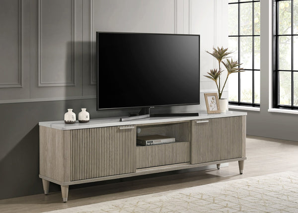 English Elm 1pc Mid-century Media Console Faux Marble Surface Ribbed Cabinet Tapered Legs 79in Driftwood,White B2741P483127