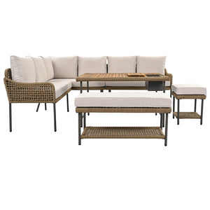 English Elm K&K 6-Piece Rope Patio L-Shaped Sectional Set with Acacia Wood Ice Box Table and Deep Cushions Beige+Brown N707S000014Z