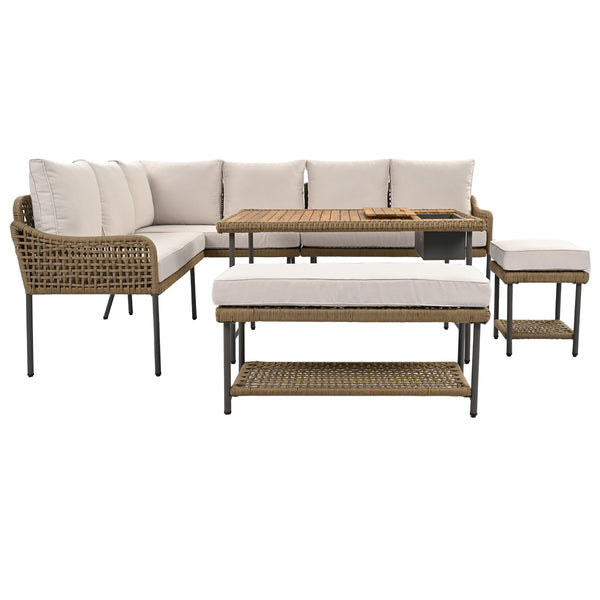 English Elm K&K 6-Piece Rope Patio L-Shaped Sectional Set with Acacia Wood Ice Box Table and Deep Cushions Beige+Brown N707S000014Z