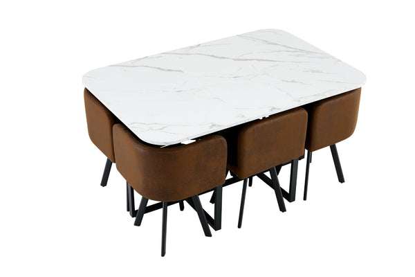 English Elm 7-piece Faux Marble Dining Set with Pu Chairs and Iron Frame for Small Spaces W3875S00012