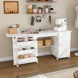 English Elm 57.5" Foldable Craft Station Rolling Sewing Table with Cabinet Bins and Open Shelf W2700P391395