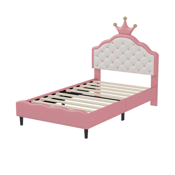 English Elm Twin Lovely Crown Fantasy PU Leather Princess Bed with Tufted Headboard, Soft Upholstery, Sturdy Design Pink 42 L x 22.5 W x 7.5 H N733P198760H