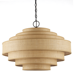 Maura Natural Chandelier - Elegant Mid-Century Modern Pendant with Grasscloth Shades & Black Frame