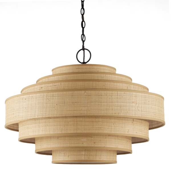 Maura Natural Chandelier - Elegant Mid-Century Modern Pendant with Grasscloth Shades & Black Frame