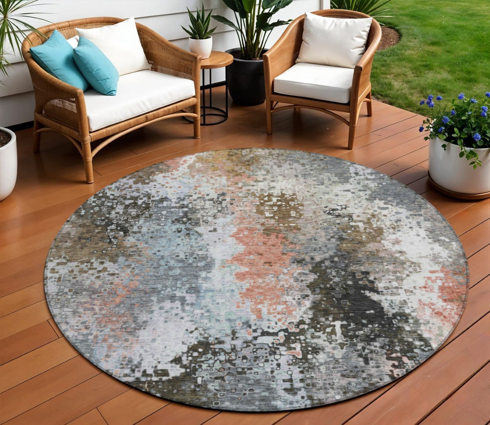 HomeRoots 8' Stylish Granite Gray, Ivory & Coral Round Abstract Rug – Washable for Indoor & Outdoor Use! 640000