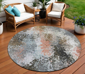 HomeRoots 8' Stylish Granite Gray, Ivory & Coral Round Abstract Rug – Washable for Indoor & Outdoor Use! 640000