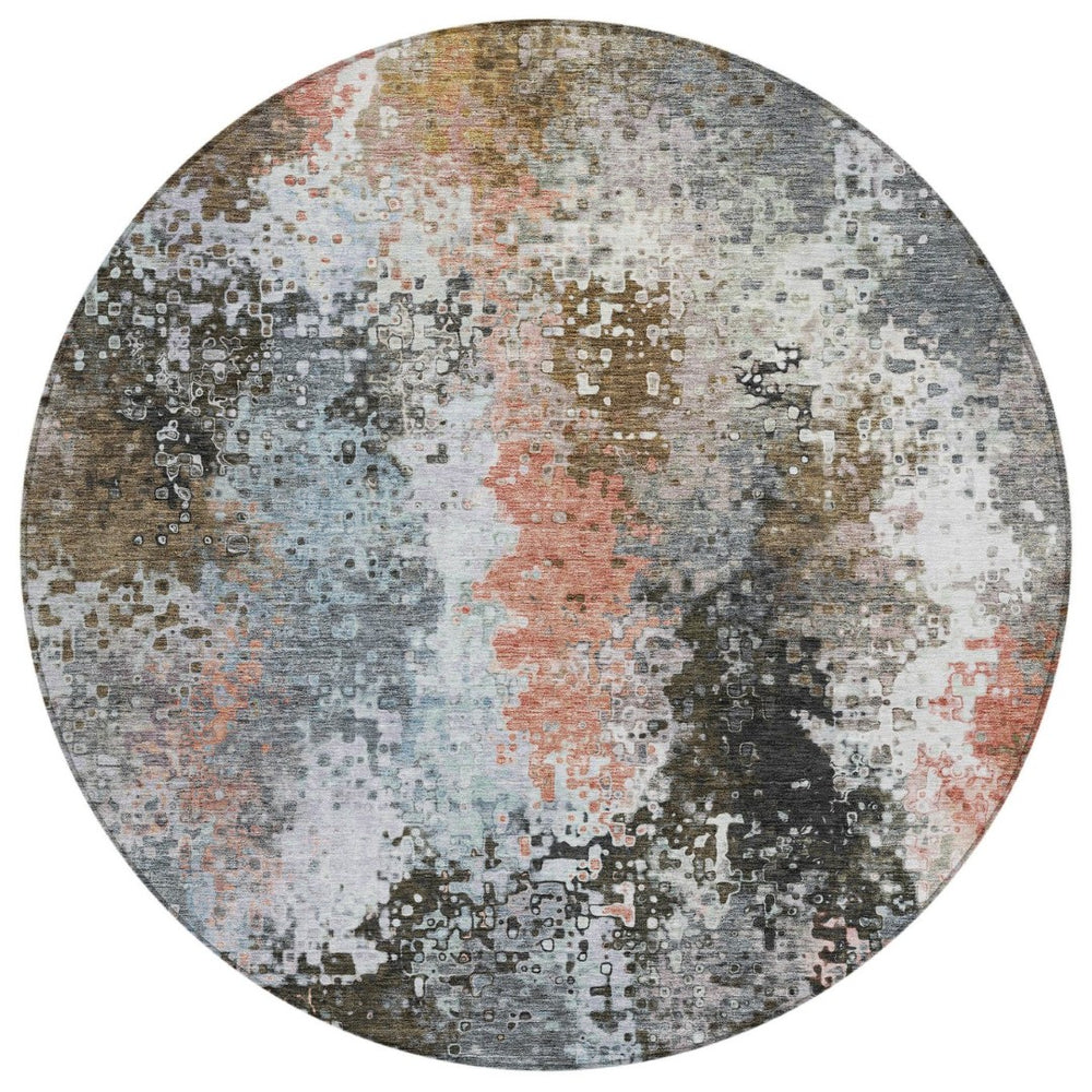 HomeRoots 8' Stylish Granite Gray, Ivory & Coral Round Abstract Rug – Washable for Indoor & Outdoor Use! 640000