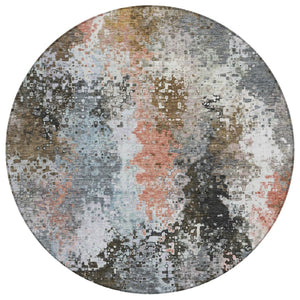 HomeRoots 8' Stylish Granite Gray, Ivory & Coral Round Abstract Rug – Washable for Indoor & Outdoor Use! 640000