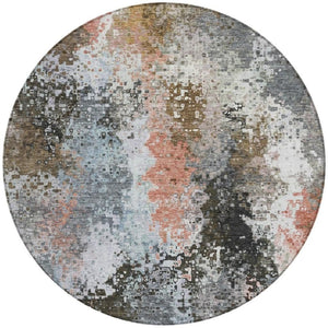 HomeRoots 8' Stylish Granite Gray, Ivory & Coral Round Abstract Rug – Washable for Indoor & Outdoor Use! 640000