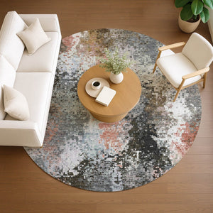 HomeRoots 8' Stylish Granite Gray, Ivory & Coral Round Abstract Rug – Washable for Indoor & Outdoor Use! 640000