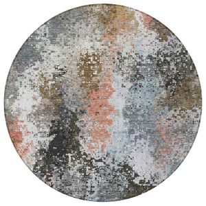 HomeRoots 8' Stylish Granite Gray, Ivory & Coral Round Abstract Rug – Washable for Indoor & Outdoor Use! 640000