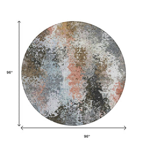 HomeRoots 8' Stylish Granite Gray, Ivory & Coral Round Abstract Rug – Washable for Indoor & Outdoor Use! 640000