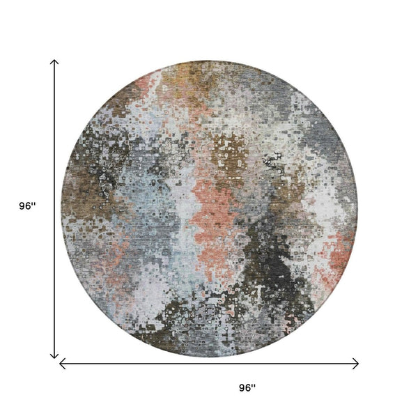 HomeRoots 8' Stylish Granite Gray, Ivory & Coral Round Abstract Rug – Washable for Indoor & Outdoor Use! 640000