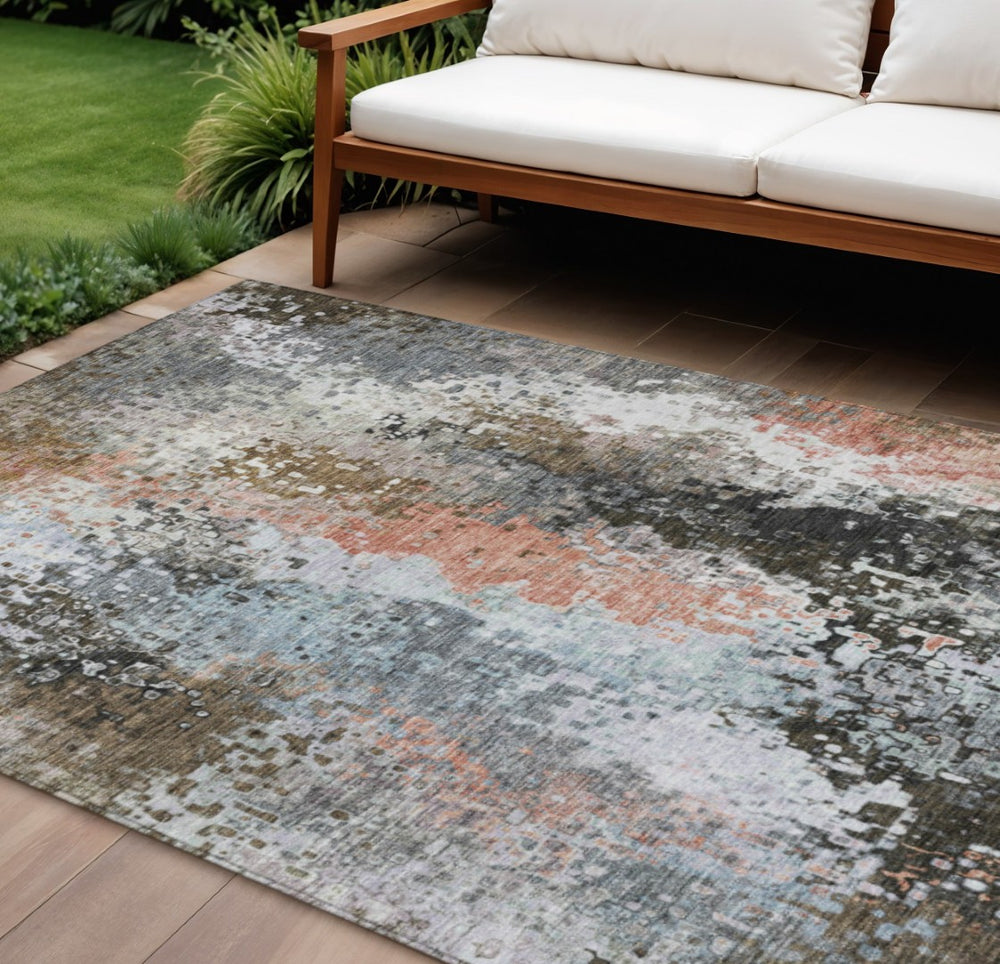HomeRoots 8' X 10' Contemporary Granite Gray, Ivory & Coral Abstract Washable Area Rug for Indoor/Outdoor Use 640001