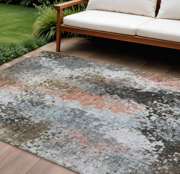 HomeRoots 9' Granite Gray, Ivory & Coral Abstract Washable Area Rug for Indoor & Outdoor High-Traffic Use 640002