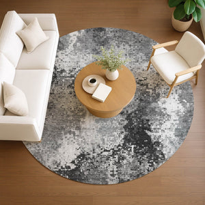 HomeRoots 8' Gray and Silver Round Abstract Rug - Stylish, Washable Area Rug for Indoor & Outdoor Spaces 640006