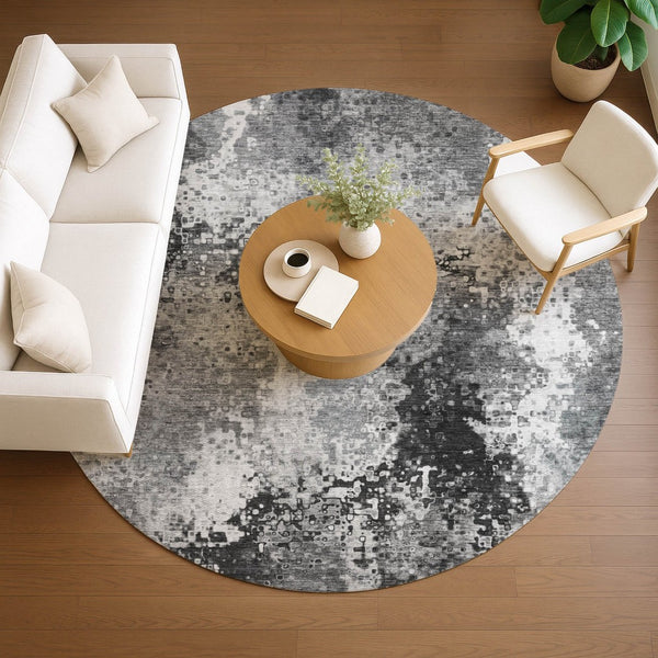 HomeRoots 8' Gray and Silver Round Abstract Rug - Stylish, Washable Area Rug for Indoor & Outdoor Spaces 640006