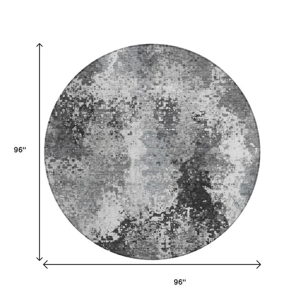 HomeRoots 8' Gray and Silver Round Abstract Rug - Stylish, Washable Area Rug for Indoor & Outdoor Spaces 640006