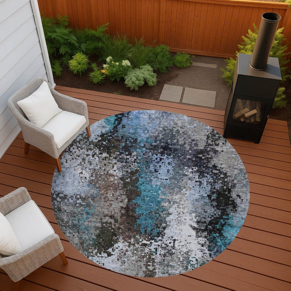 HomeRoots 8' Round Abstract Area Rug in Khaki, Ivory & Blue - Durable, Washable for Indoor/Outdoor Use! 640012