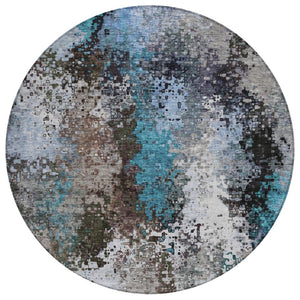 HomeRoots 8' Round Abstract Area Rug in Khaki, Ivory & Blue - Durable, Washable for Indoor/Outdoor Use! 640012