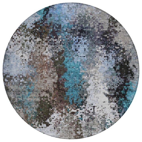 HomeRoots 8' Round Abstract Area Rug in Khaki, Ivory & Blue - Durable, Washable for Indoor/Outdoor Use! 640012