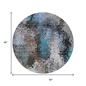 HomeRoots 8' Round Abstract Area Rug in Khaki, Ivory & Blue - Durable, Washable for Indoor/Outdoor Use! 640012