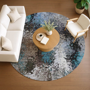HomeRoots 8' Round Abstract Area Rug in Khaki, Ivory & Blue - Durable, Washable for Indoor/Outdoor Use! 640012