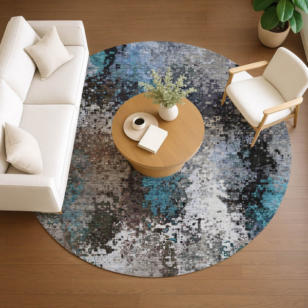 HomeRoots 8' Round Abstract Area Rug in Khaki, Ivory & Blue - Durable, Washable for Indoor/Outdoor Use! 640012