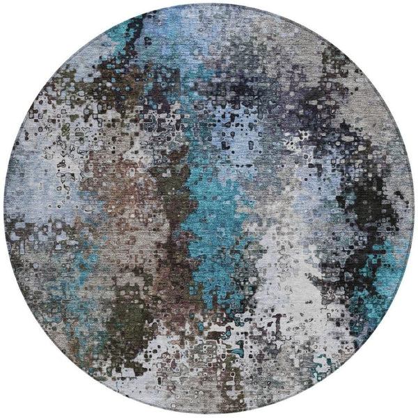 HomeRoots 8' Round Abstract Area Rug in Khaki, Ivory & Blue - Durable, Washable for Indoor/Outdoor Use! 640012