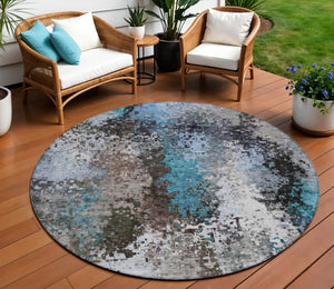 HomeRoots 8' Round Abstract Area Rug in Khaki, Ivory & Blue - Durable, Washable for Indoor/Outdoor Use! 640012