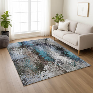 HomeRoots 9' Modern Khaki Ivory Blue Abstract Washable Area Rug - Indoor/Outdoor Durable Design for High Traffic 640014