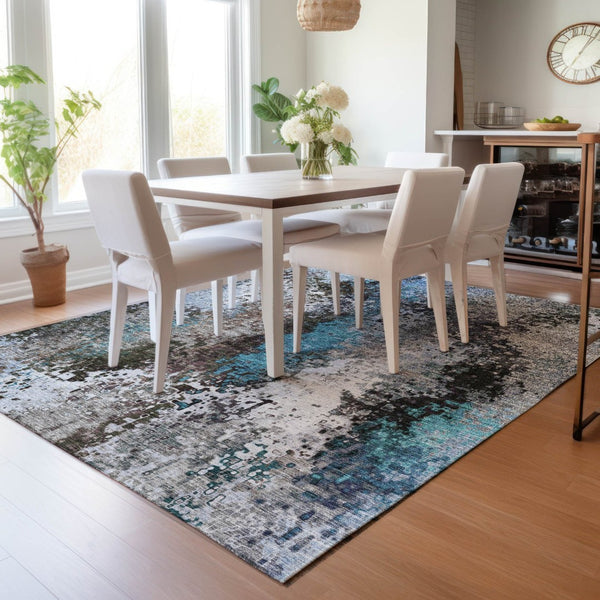 HomeRoots 9' Modern Khaki Ivory Blue Abstract Washable Area Rug - Indoor/Outdoor Durable Design for High Traffic 640014