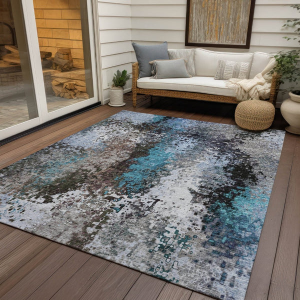HomeRoots 10' Khaki Ivory and Blue Abstract Washable Area Rug - Stylish Indoor/Outdoor Design for Busy Spaces 640015