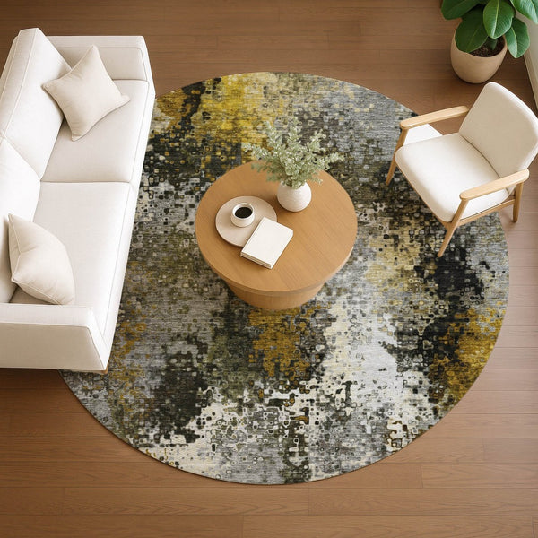 HomeRoots 8' Round Abstract Washable Area Rug in Pewter, Gold & Silver – Perfect for Indoor & Outdoor Spaces! 640018