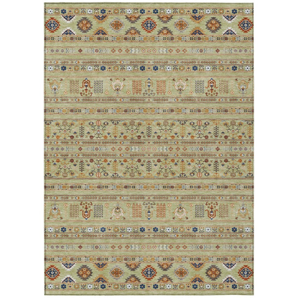 HomeRoots 5' Tribal Washable Area Rug in Artichoke Green, Blue & Copper - Durable Indoor/Outdoor Style! 640023